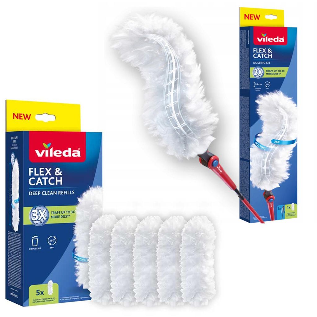 Vileda Flex&Catch Staubwedel mit langem Stiel Rutschschutz flexibler Kopf + 5 Staubwedel-Einsätze