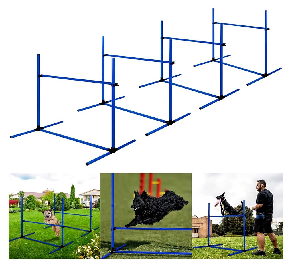 Agility-Hürdenset für Hunde - 4 Hürden und Slalomstangen, Trainingsset mit Tasche, Blau, 104x70x101cm, höhenverstellbar