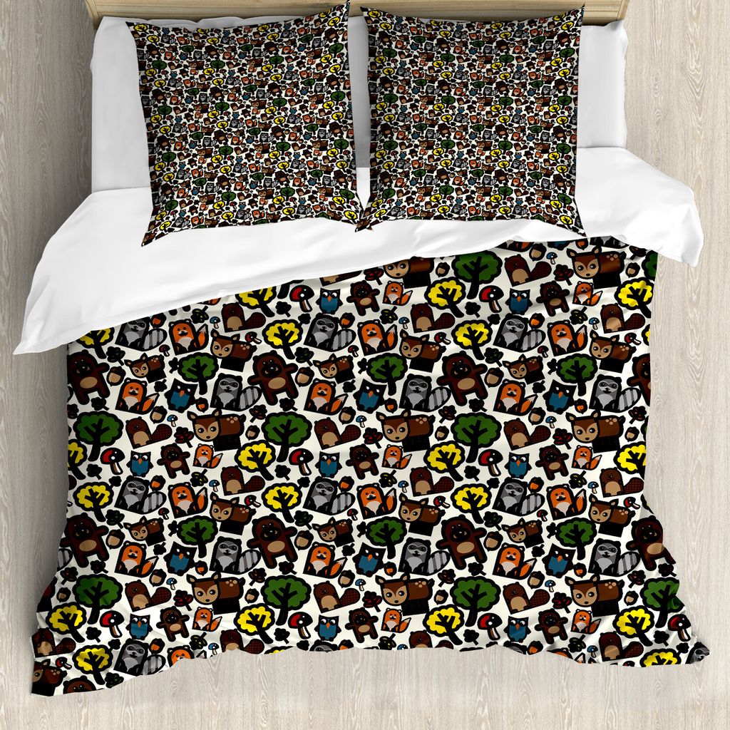 ABAKUHAUS holzig Bettbezug Set für Einzelbetten, Lustige Waldtierförmigen, Milbensicher Allergiker geeignet mit Kissenbezug, 200 cm x 200 cm - 80...