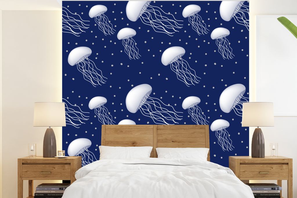 MuchoWow Fototapete für Wohnzimmer oder Schlafzimmer Wandtapete Vinyl Motivtapete Muster - Wasser - Quallen - Jungen - Kinder - Baby - 200x220 c...
