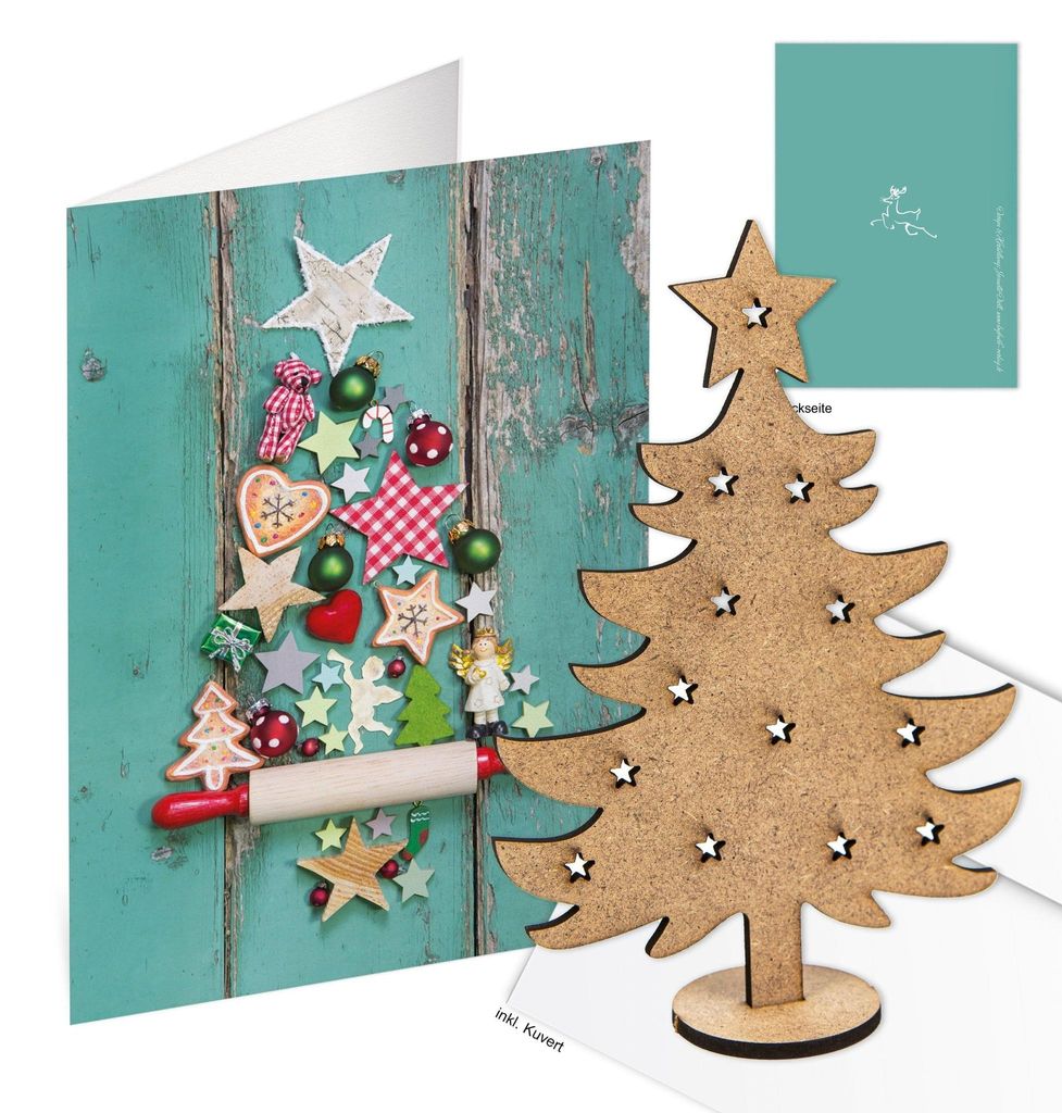 Logbuch-Verlag 3 Karten mit Umschlag DIN A6 türkis blau Weihnachtsbaum-Motiv - Klappkarte Doppelkarte mit Baum aus Holz zum Stecken