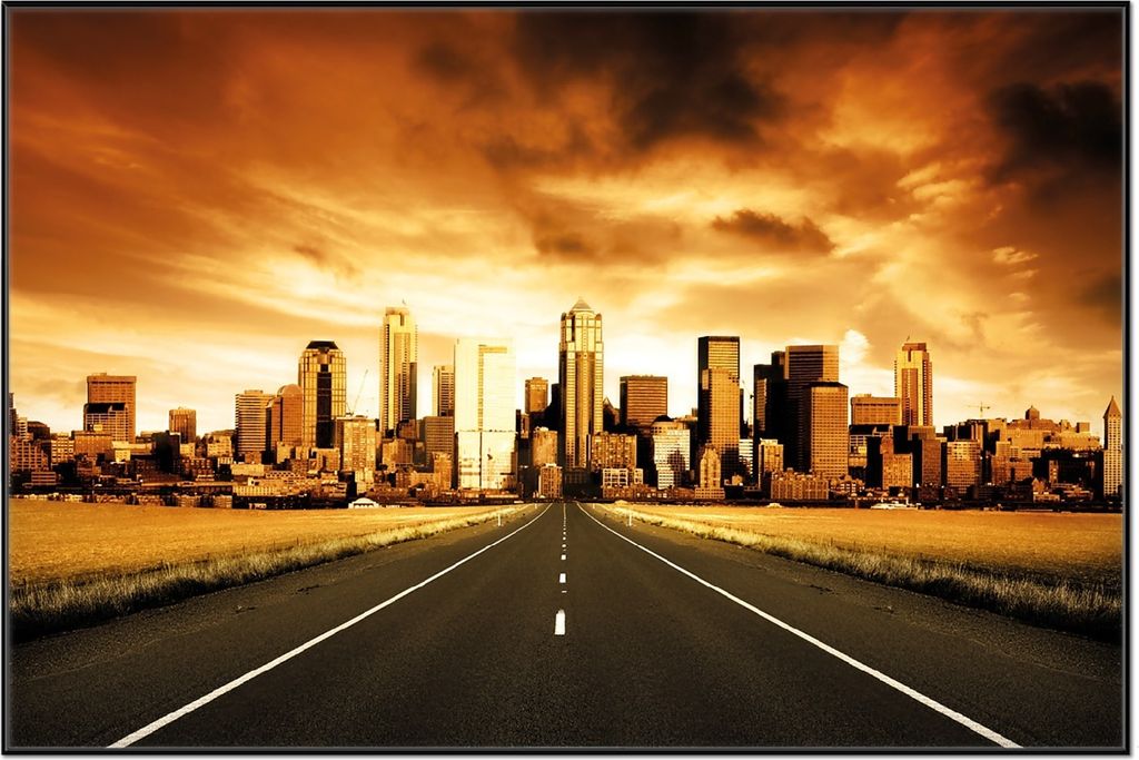 Wallario Wandbild Skyline am Ende der Straße, Größe: 61 x 91,50 cm, Poster mit schwarzem Aluminiumrahmen