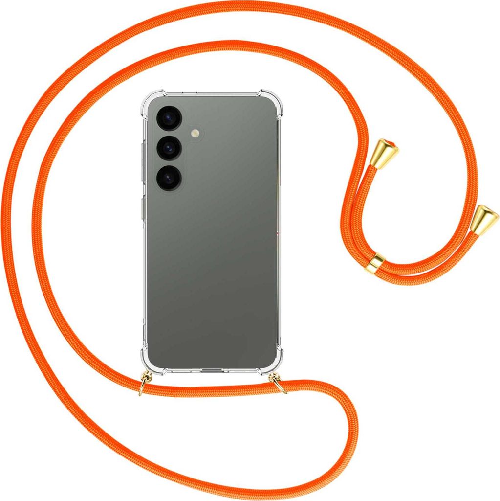 Handykette Backcover-Schutzhülle mit Band (Metall goldfarben) für Samsung Galaxy S24 - neonorange