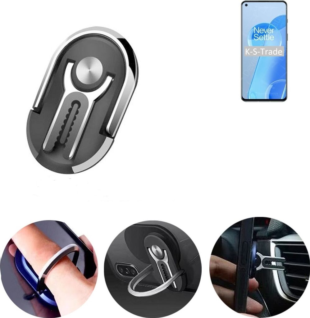 K-S-Trade 3in1 Smartphone-Ring Handy-Ring kompatibel mit OnePlus 9RT Fingerhalterung Handyring Tischständer Lüftungsgitter-Halterung Tisch Ständer