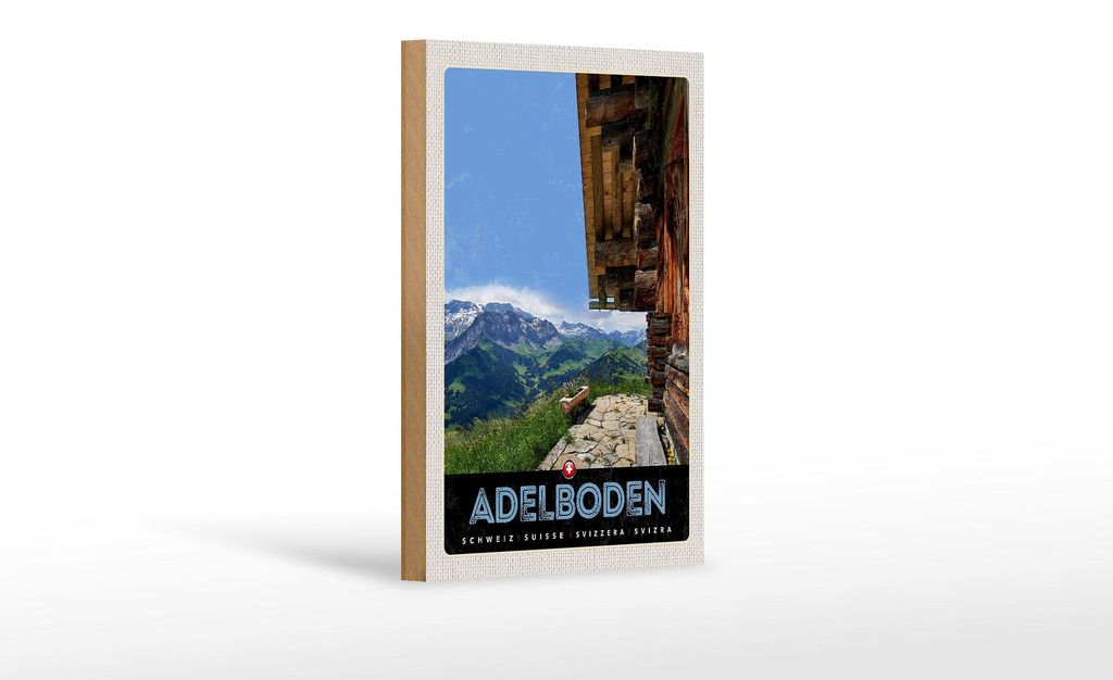 Holzschild Reise 12x18 cm Adelboden Schweiz Holzhütte mit Aussicht