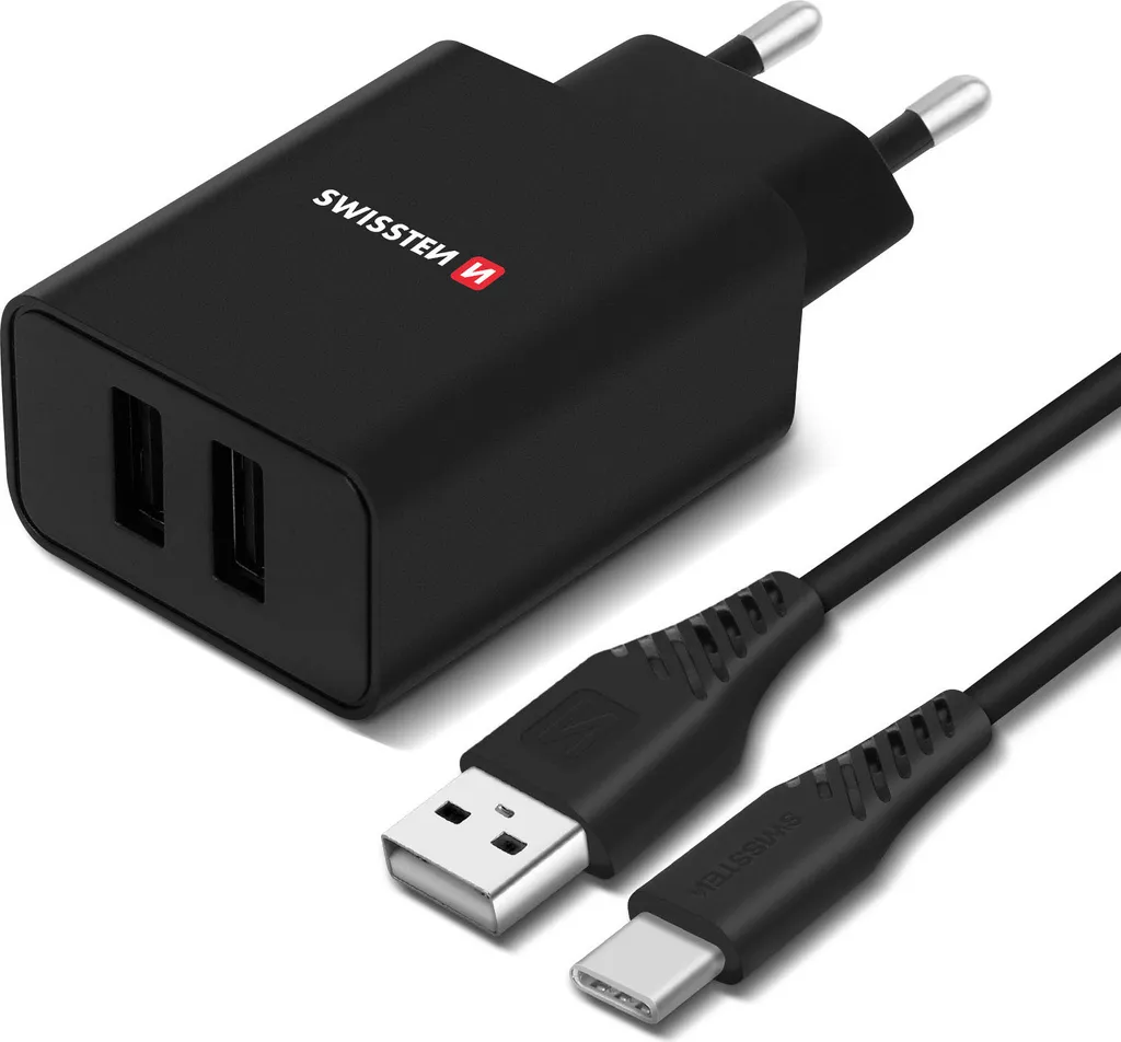 Swissten Smart IC Caricatore Doppio USB 2.1A + Cavo USB-C Nero