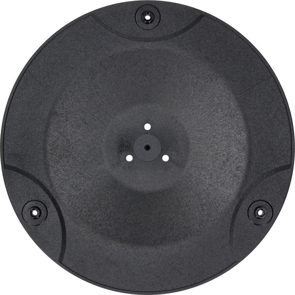 A black, round base with three screw holes around the outer edge and a central hub with three small holes.