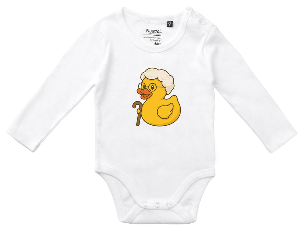 Huuraa Baby Body Quietscheente Rente Comic Gummiente 62 White Baumwolle Fairtrade Langarmbody Geschenkidee