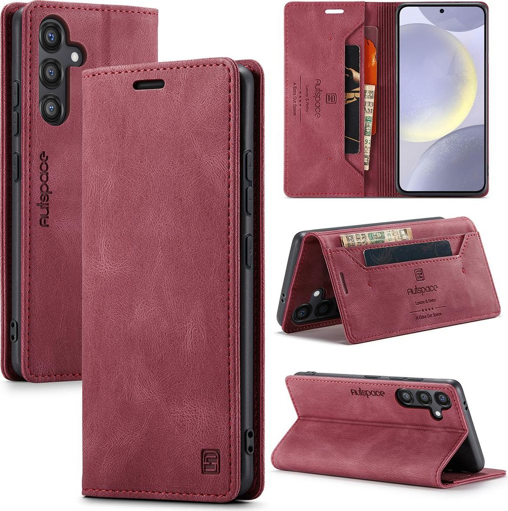 Hülle für Samsung Galaxy S24 FE, Retro Kunstleder Tasche Kartenfächern und Ständer Schutzhülle Rot