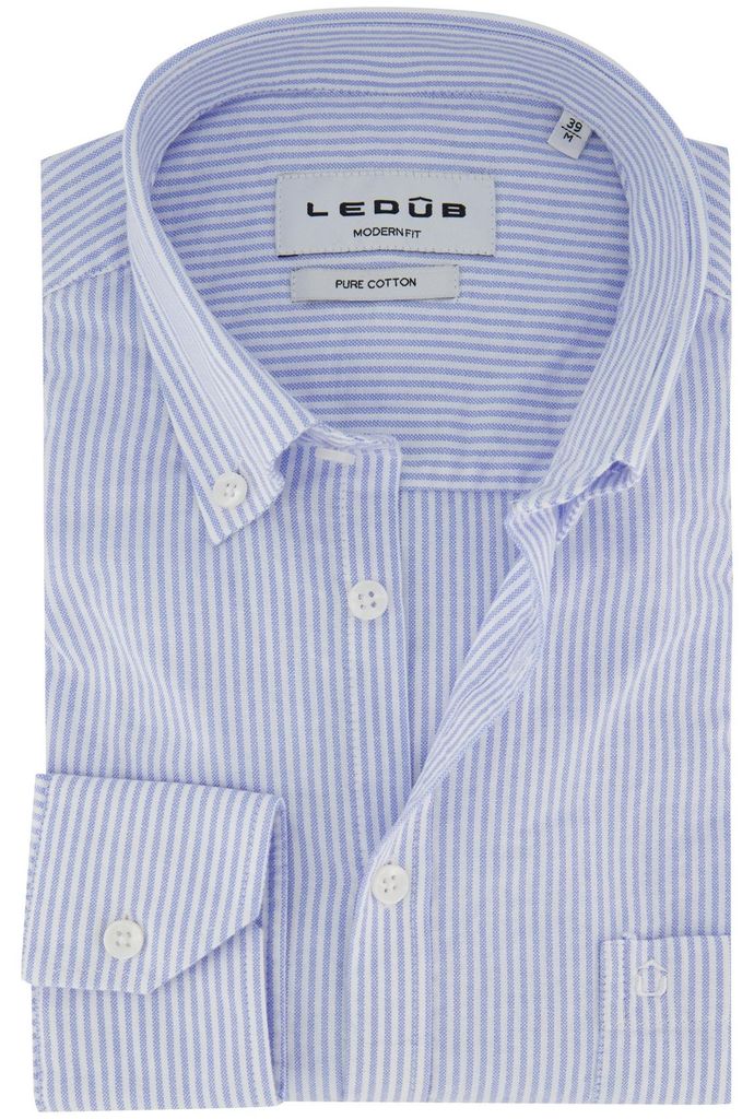 Ledub Hemd moderner Schnitt hellblau gestreift Baumwolle Button-Down