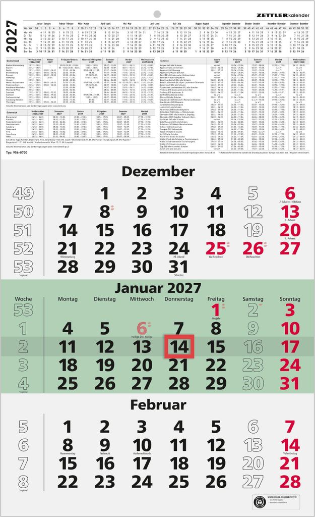 3-Monatskalender grün Blauer Engel 2027 Produktbild 