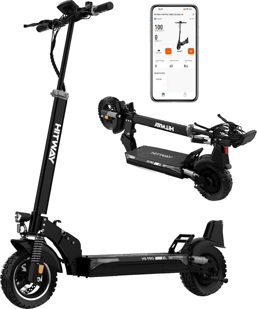 HITWAY E Scooter mit Straßenzulassung (ABE), 10 Zoll Tubeless, 48V 20,8Ah Akku, 500W Motor(Peak 1200), max. 90 km, faltbar, App, Vollfederung