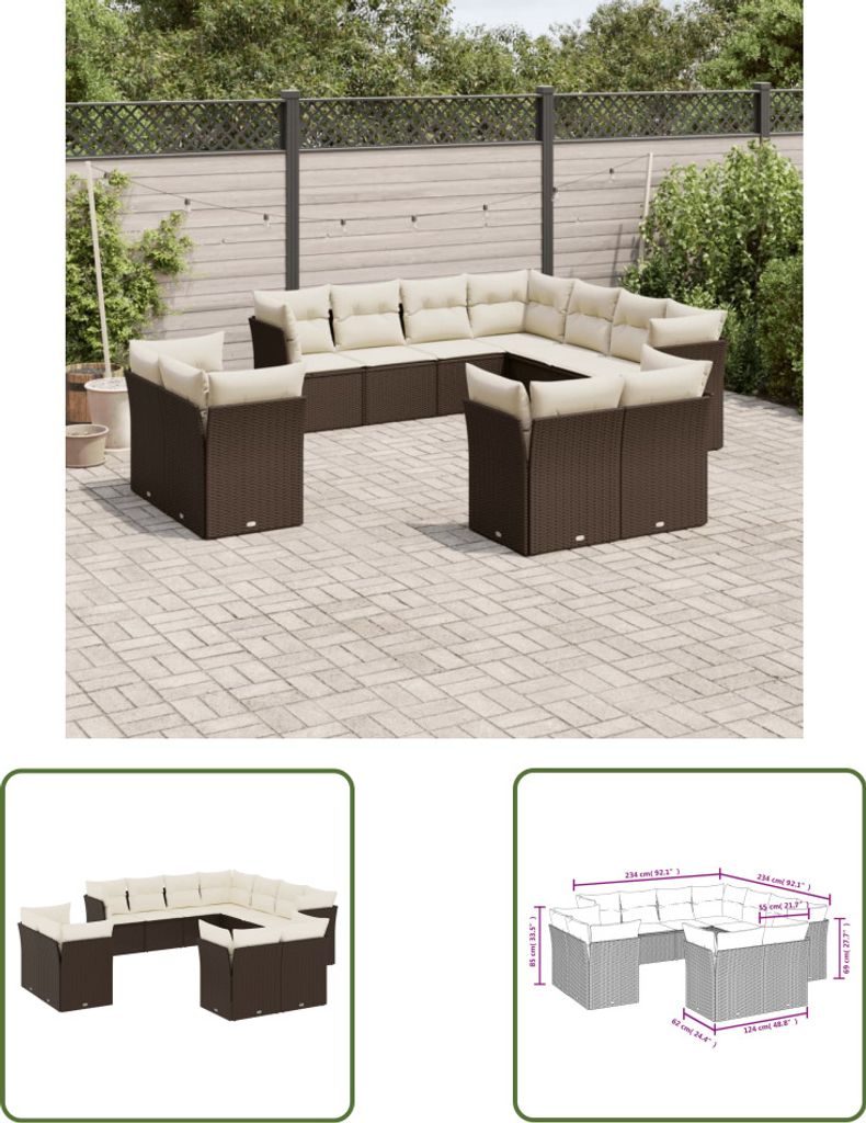 The Living Store 11-tlg. Garten-Sofagarnitur mit Kissen Braun Poly Rattan