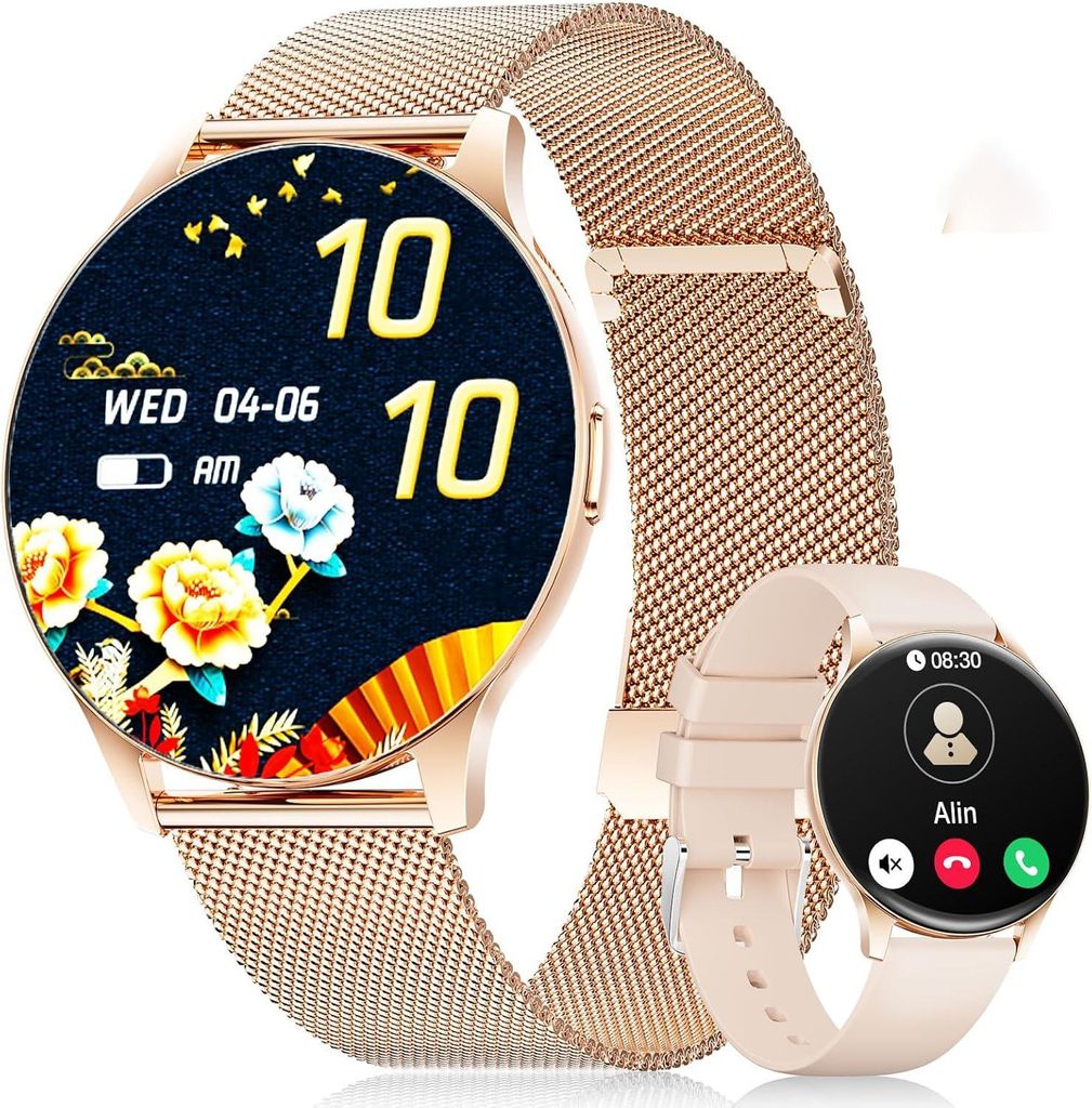 LIGE Smartwatch Damen(2 Armbändern),1.43" HD AMOLED Display Smartwatch mit Telefonfunktion,Fitnessuhr,Sportuhr mit 120+ Sportmodi, Roségold