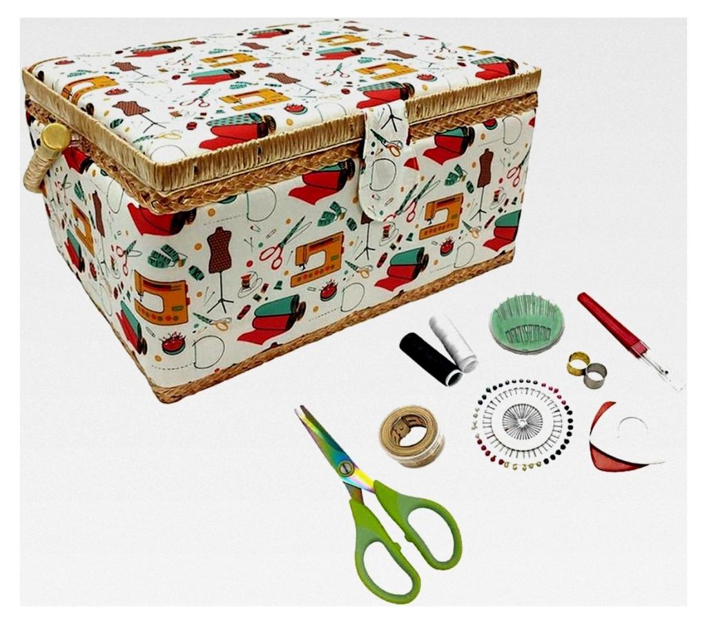 Kleine Nähkiste aus Holz mit Zubehör, mit Stoff ausgekleidet, 8 Fächer, Organizer mit Nadelhalter, Box mit Griff, Zubehörablage