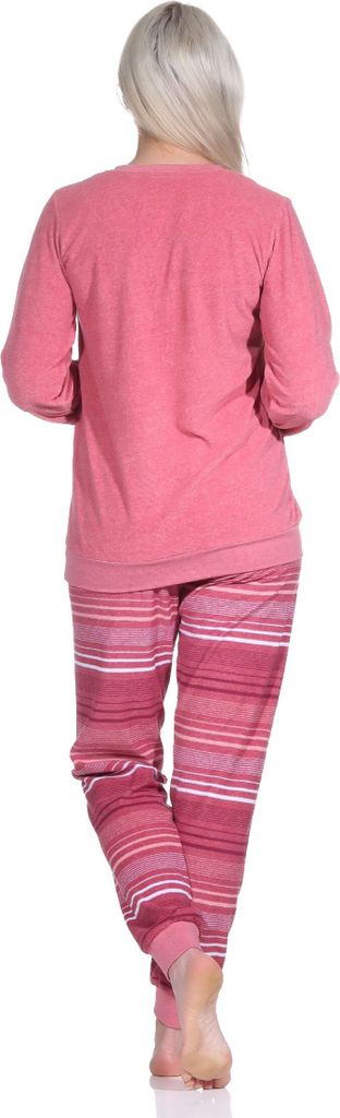 Damen Frottee Schlafanzug langarm mit Bündchen - Hose gestreift - auch in Übergrößen ; altrose , 44/46