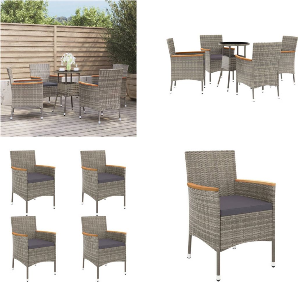 vidaXL 5 tlg. Garten Bistro Set mit Kissen Grau Poly Rattan - Garten Bistro Set - Garten Bistro Sets - Bistro Set - Gartenmöbel Set