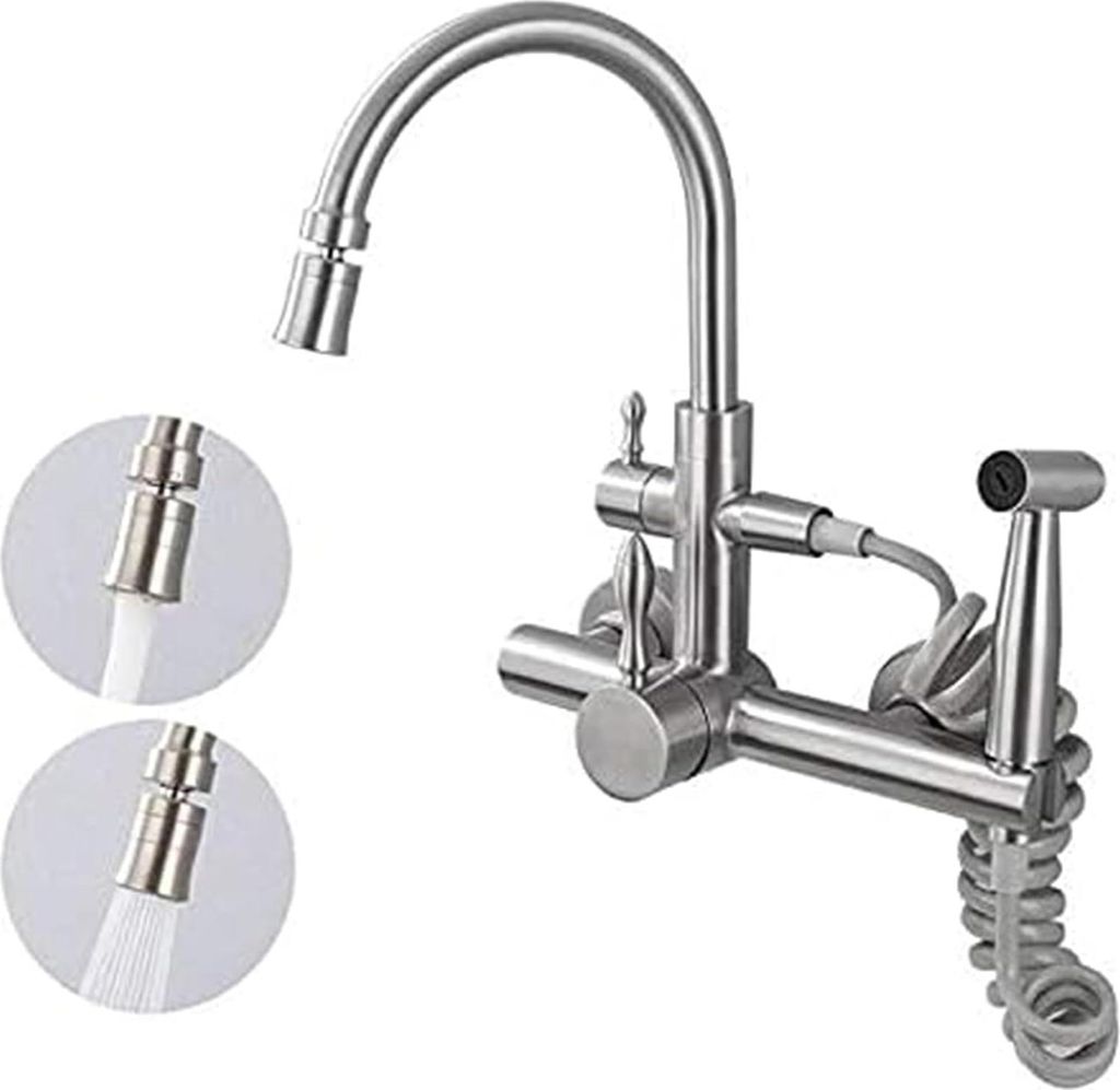 A stainless steel kitchen faucet with a pull-out sprayer, shown against a white background.