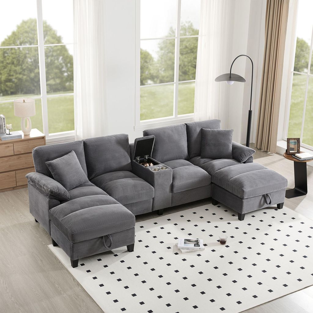 Merax 4-Sitzer U-förmiges Ecksofa, mit Bettkasten, Stauraum, Getränkehaltern, USB, Kissen, Modulares Sofa, Cordbezug, Couch, Couchgarnitur, Grau