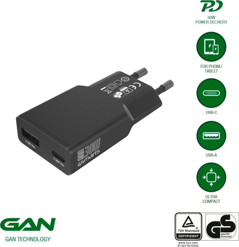 4smarts Netzladegerät PDPlug Slim Duos 30W GaN 1C+1A, Produktbild 