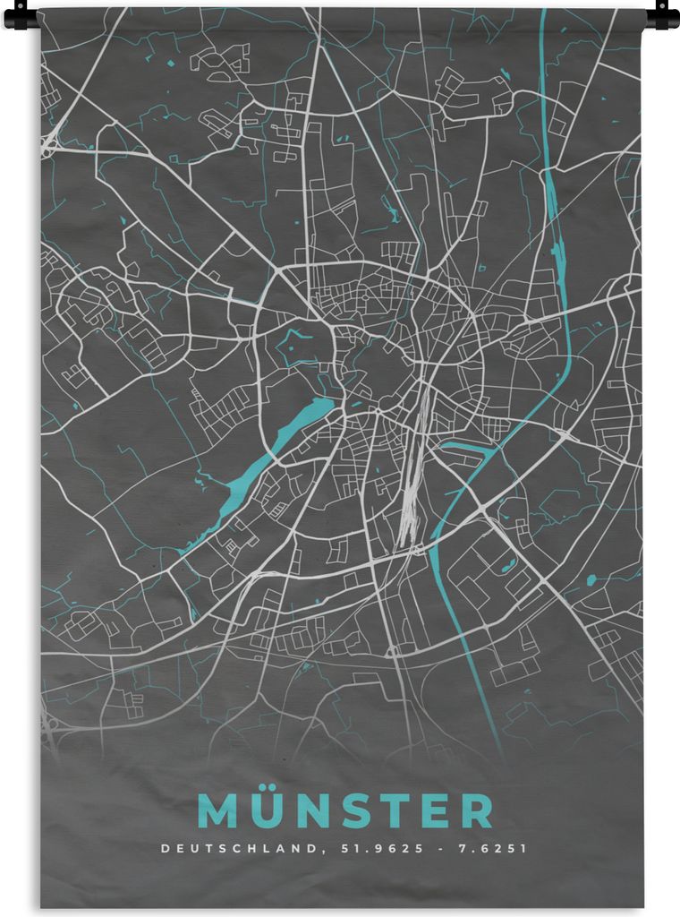 MuchoWow Wandteppich Wandbehang Deutschland - Blau - Münster - Stadtplan - Karte 120x180 cm Tapisserie Dekoration Wandtuch - Schlafzimmer - Deko...