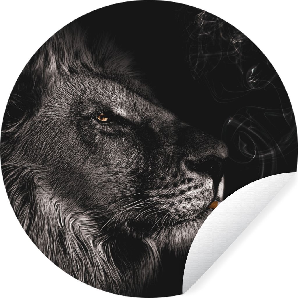 MuchoWow Runde Wandtattoo - Wandsticker Tapete Aufkleber Löwe - Rauchen - Schwarz - Weiß Ø 50 cm Selbstklebend und Repositionierbar - Wandaufk...