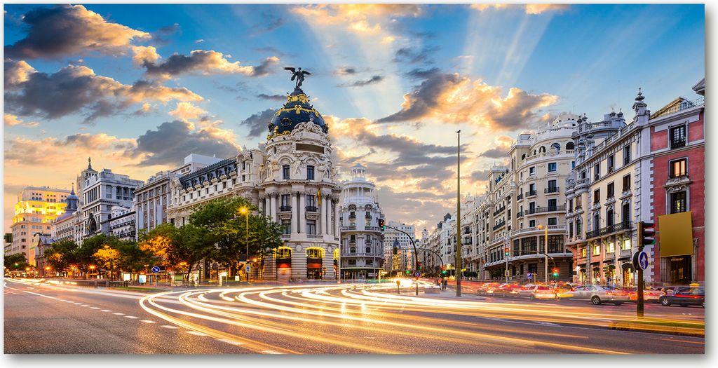 Tulup Glas-Bild - 100x50 -Wandkunst - Wandbild hinter gehärtetem Sicherheitsglas - Sehenswürdigkeiten & Architektur - Madrid Spanien - Mehrfarbig