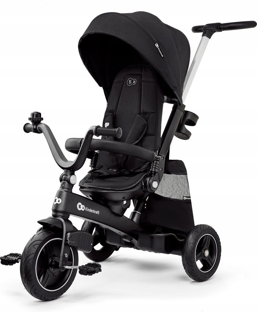 A black Kinderkraft EASYTWIST tricycle is shown from a front-side angle against a white background.