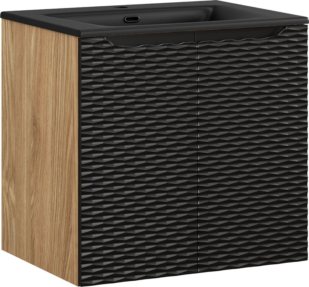 Waschtisch 60cm in Eiche mit schwarz, OLUO-56-BLACK, Front mit 3D-Struktur in Wellenoptik