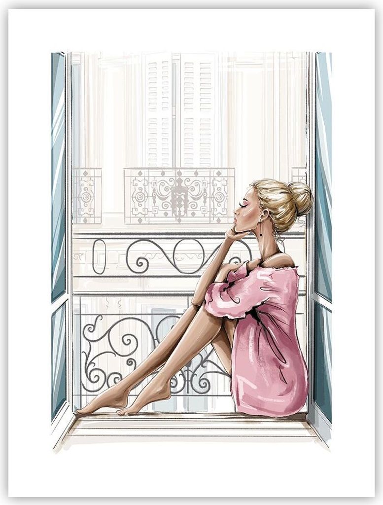 Poster - Poster ohne Rahmen - Frau Balkon Fenster - 30x40 cm - Wand Bild - Wanddeko - Wandbilder - Kunstposter - Wandposter - Bilder - Kunstdruck -...