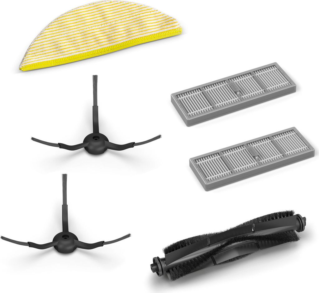 A collection of Kärcher RCV 5 robot vacuum cleaner accessories, including a mop pad, side brushes, filters, and a main brush.
