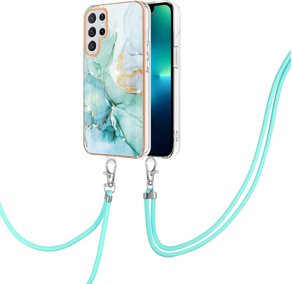 Handykette Hülle für Samsung Galaxy S22 Ultra 5G Muster TPU Schutzhülle mit verstellbarem Tragegurt Grün