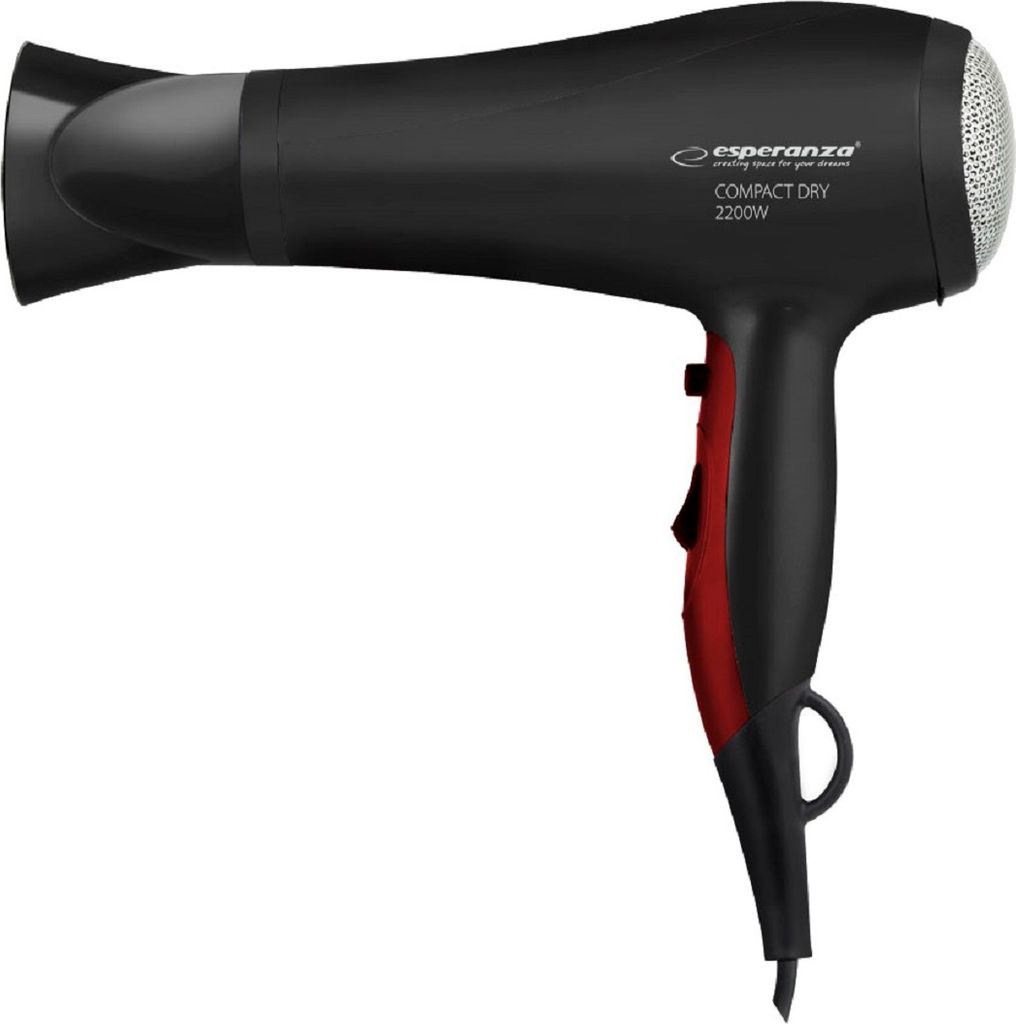 A black and red hairdryer is shown against a white background.