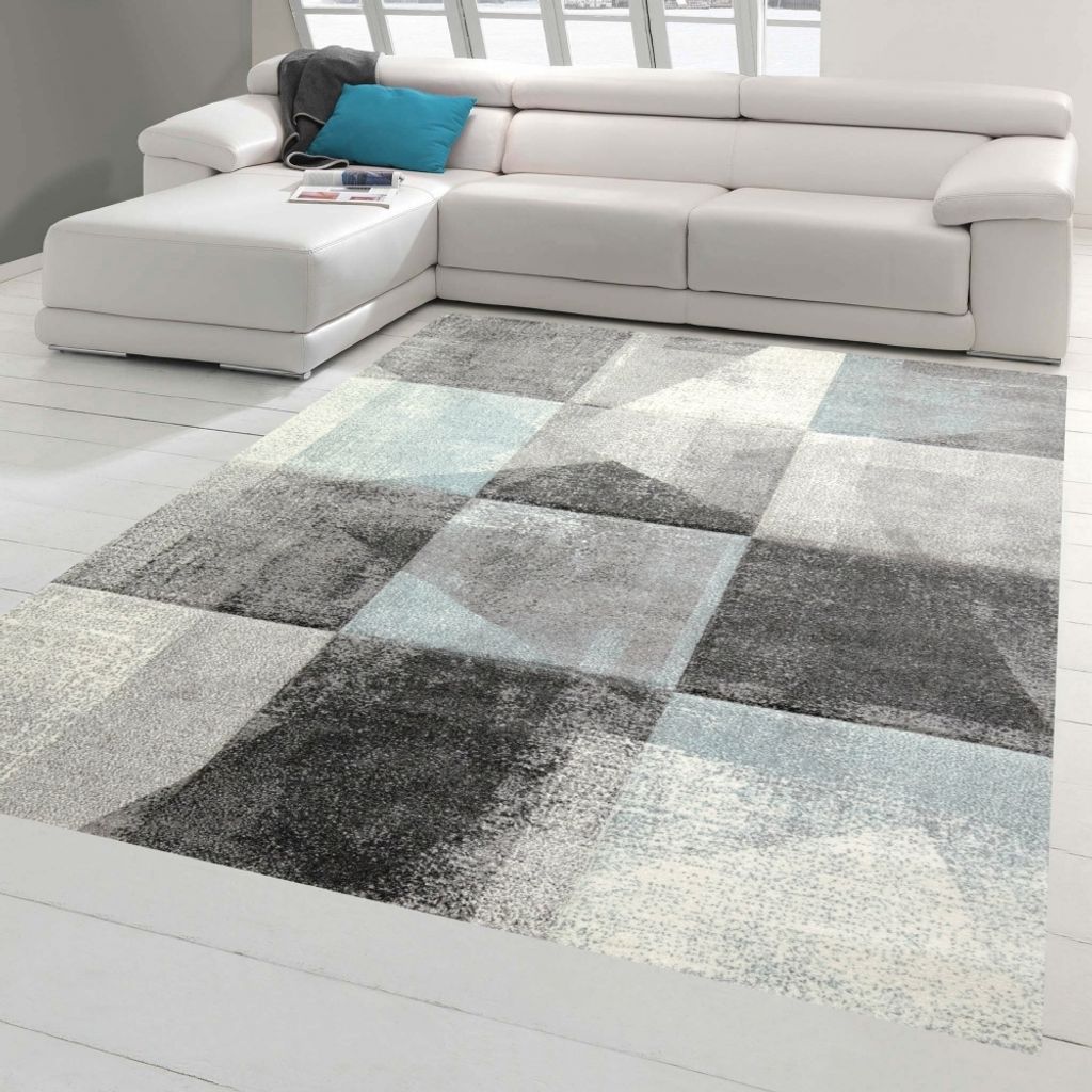 Wohnzimmer Teppich mit abstraktem Karomuster in grau blau Größe - 160 x 230 cm