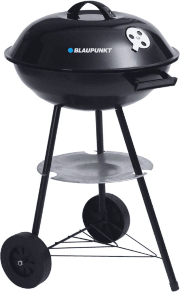 A black Blaupunkt round grill with a lid, standing on a white background.