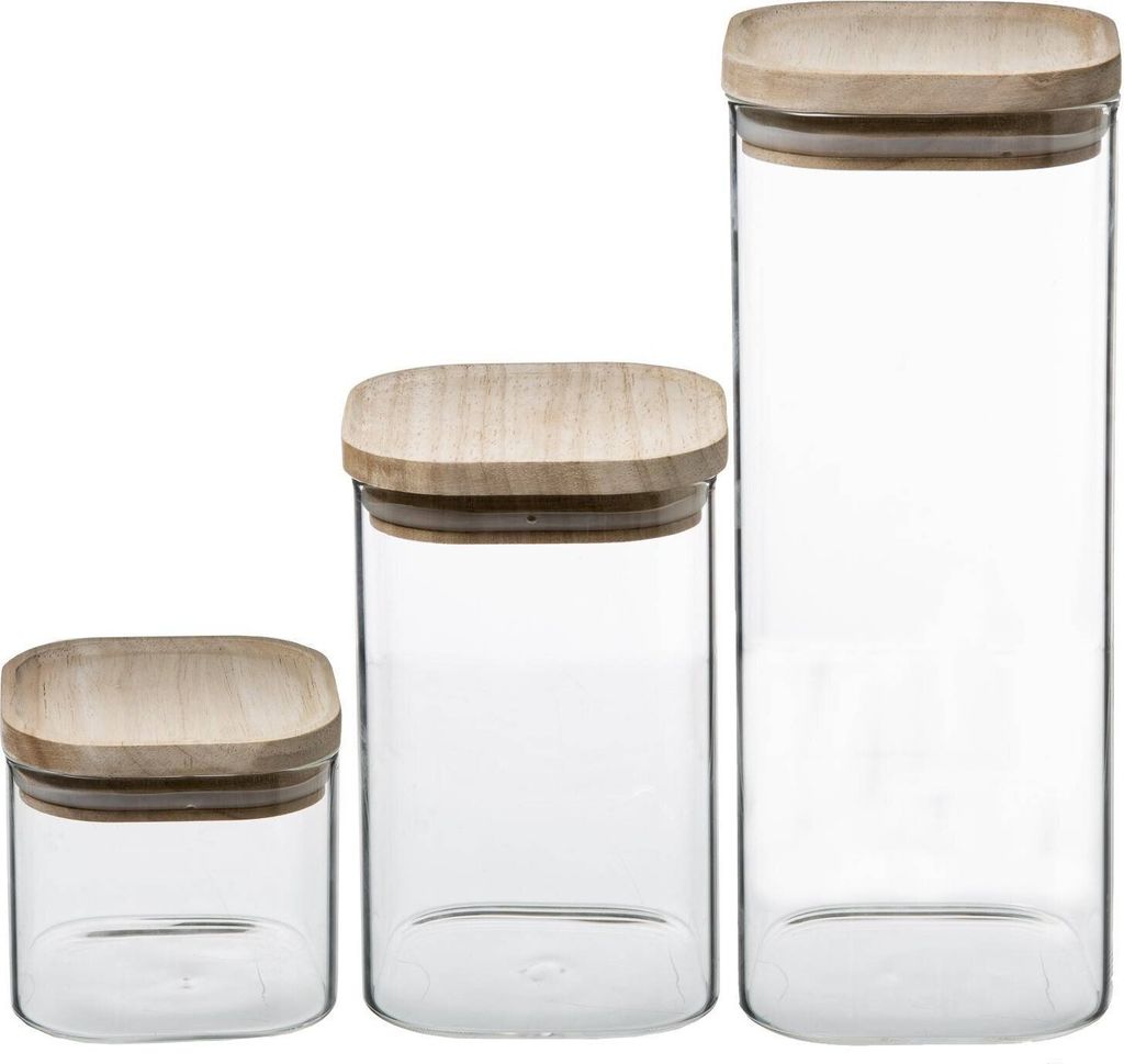 Three glass jars of varying sizes with wooden lids are displayed against a white background.