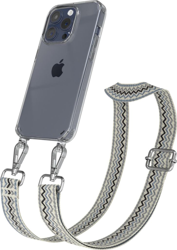 Apple iPhone 15 Pro Chain Eyelets Slim Neck Strap Set Wave Style 07 Beige/Blue 03 Metall Silver