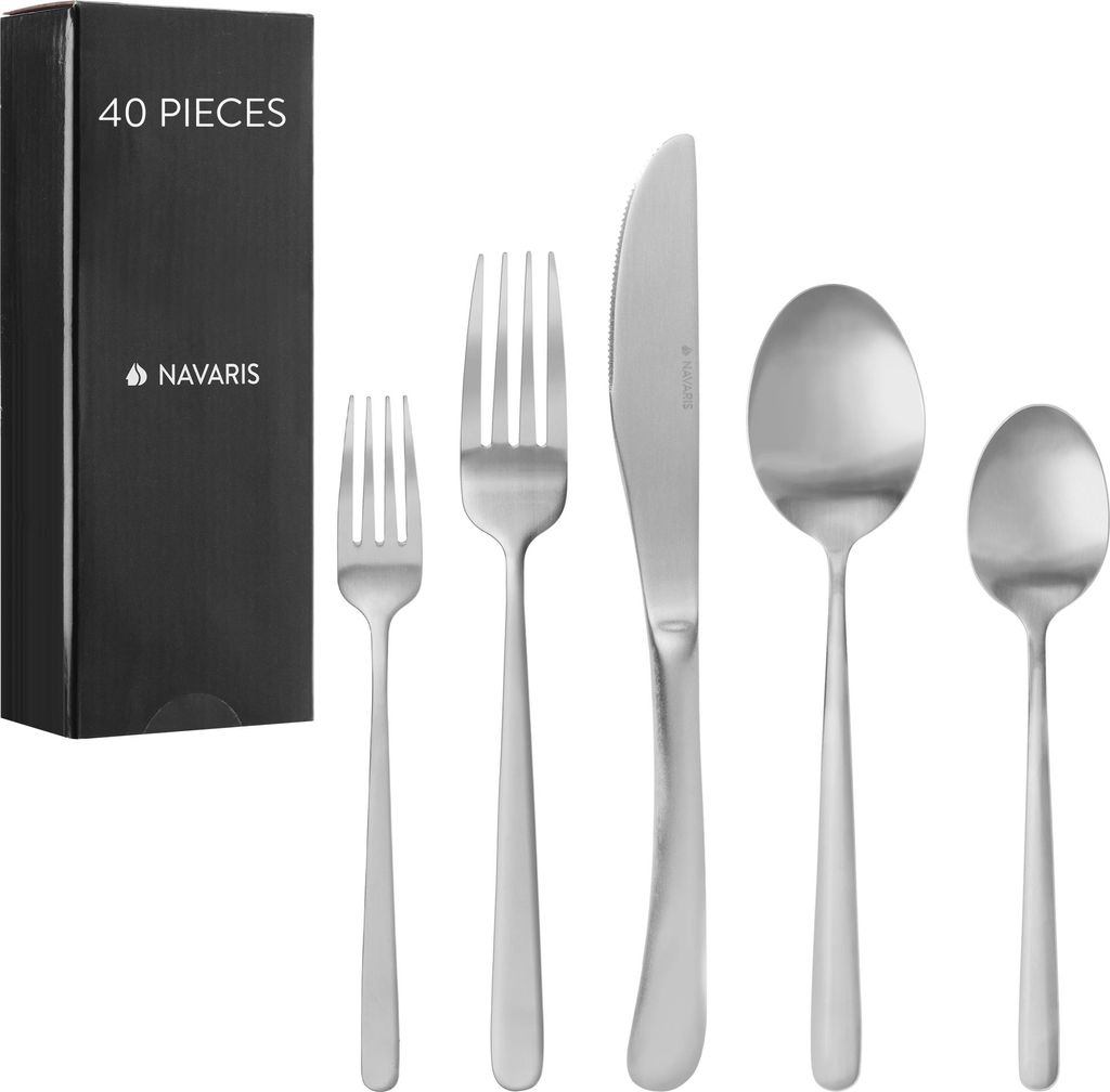 Navaris Edelstahl Besteck Set 8 Personen - 40-teiliges Besteckset in Satin Silber Finish - Besteck Edelstahl 18/0 - Löffel Messer und Gabel Set -