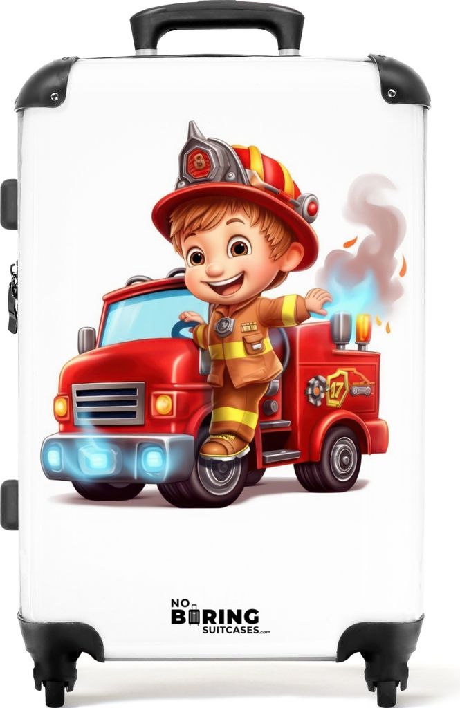 NoBoringSuitcases.com - Großer Koffer XL - Feuerwehr Kinderkoffer Junge - Reisekoffer mit 4 Rädern - Trolley auf Rädern 72 Liter - Rollkoffer gr...