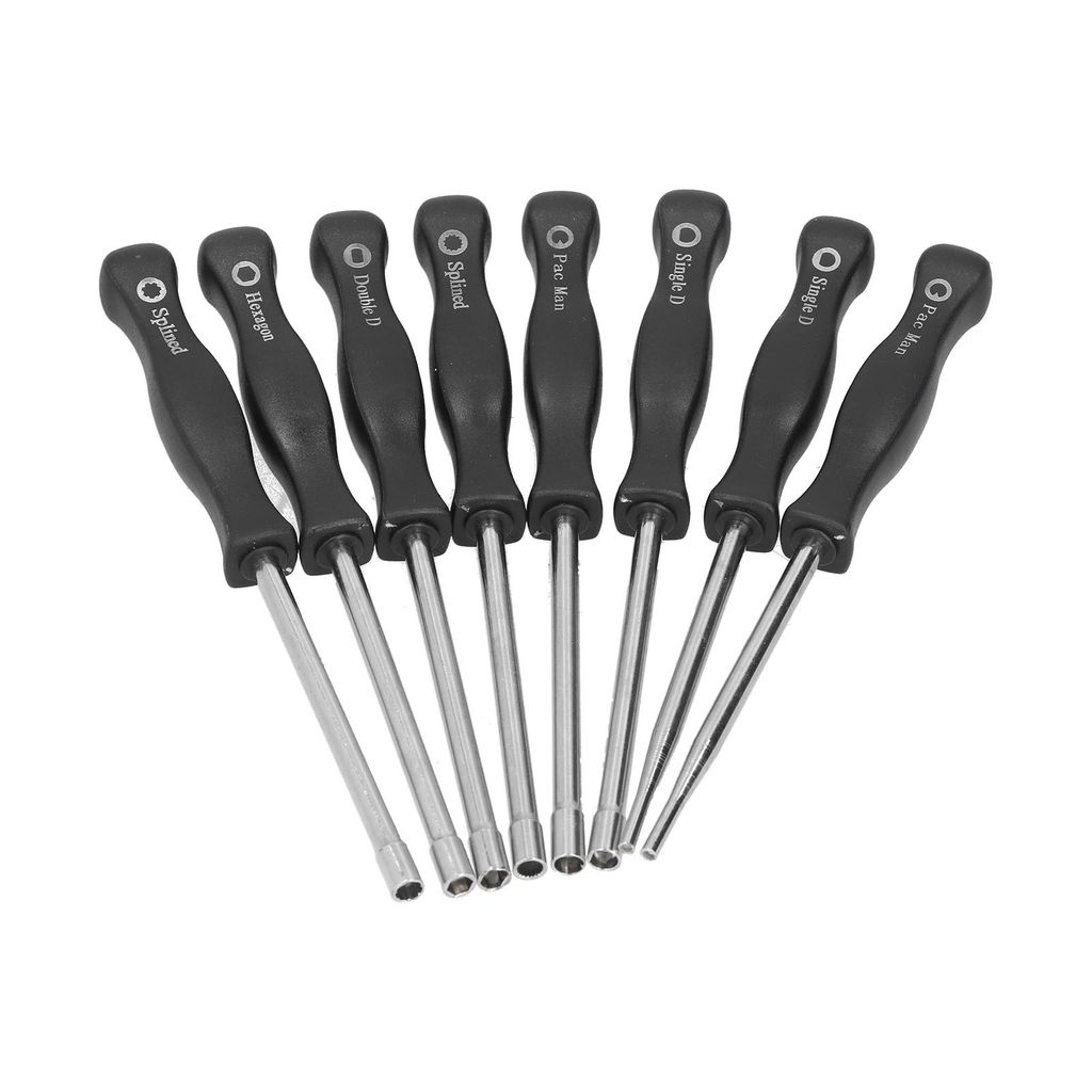 A set of seven nut drivers with black handles and silver shafts, arranged in a fanned-out pattern against a white background.