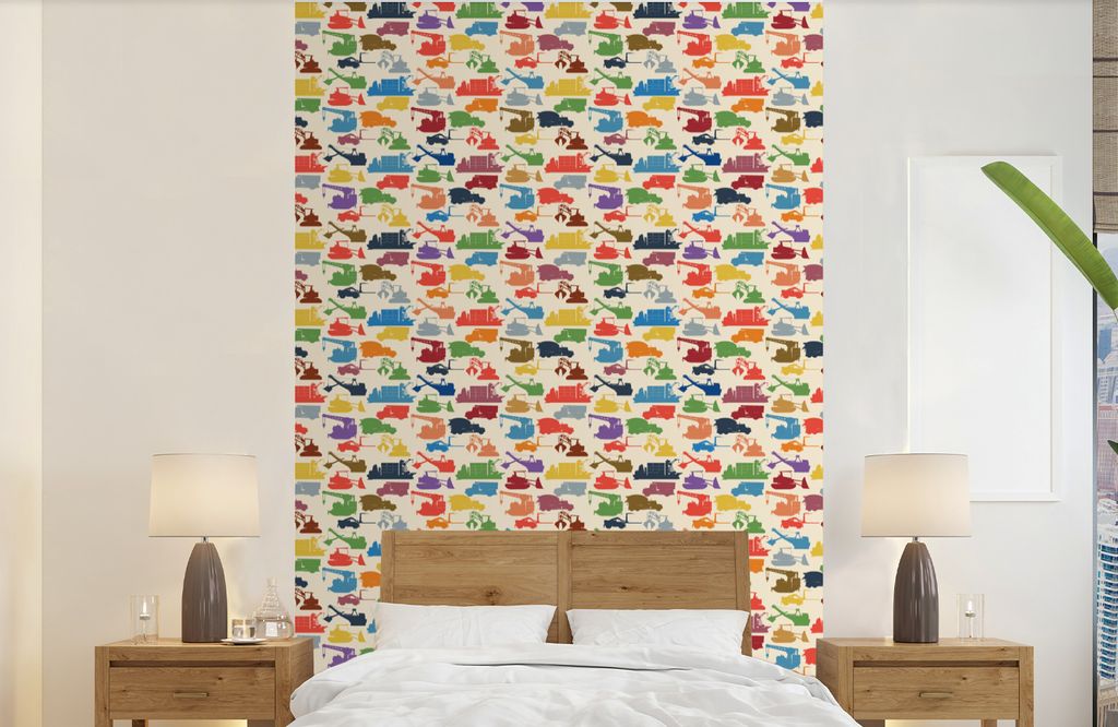 MuchoWow Fototapete für Wohnzimmer oder Schlafzimmer Wandtapete Vinyl Motivtapete Muster - Kranich - Stiefel - Jungen - Kinder - 190x300 cm - Ki...