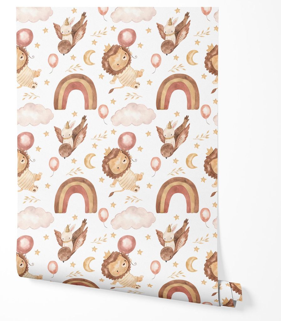 Vliestapete Löwe Einhorn Vögel Regenbogen Wolken Ballons beige braun Töne Kinderzimmer Babyzimmer Boho Stil niedliches Fantasy Wanddesign 5m x 0.5m