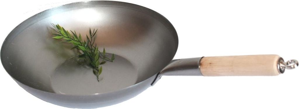 Wok Pfanne 33 cm Ø flacher Boden zum Aufhängen mit Holzgriff und Öse, AAF Nommel