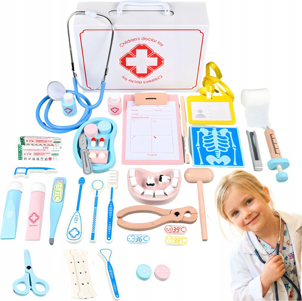 Grosser Holz-Arztkoffer Für Kinder 36-Tlg. Arztset Mit Zubehör Doktor