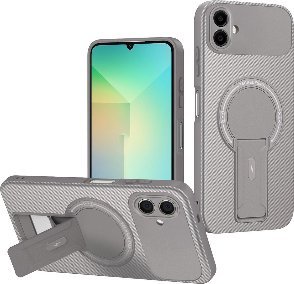 Hülle für Samsung Galaxy A06 5G/4G Magnetisch Carbonfaser Design TPU Hybrid Handyhülle mit Ständer Grau