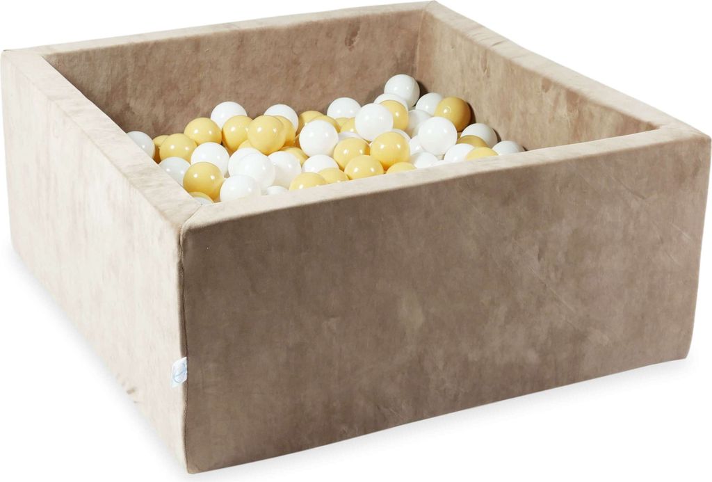 Bällebad 90x90x40 Samtig weich dunkelbeige – Mit 400 Bällen / weiß, beige