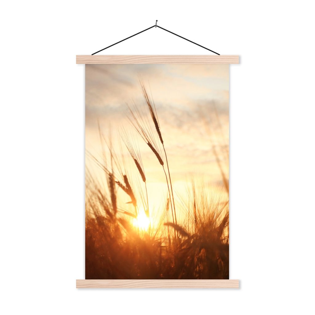MuchoWow Textilposter Schilf - Gras - Sonnenuntergang - Natur - Horizont 120x180 cm mit holzfarbenen Rahmen - Textil-Plakat