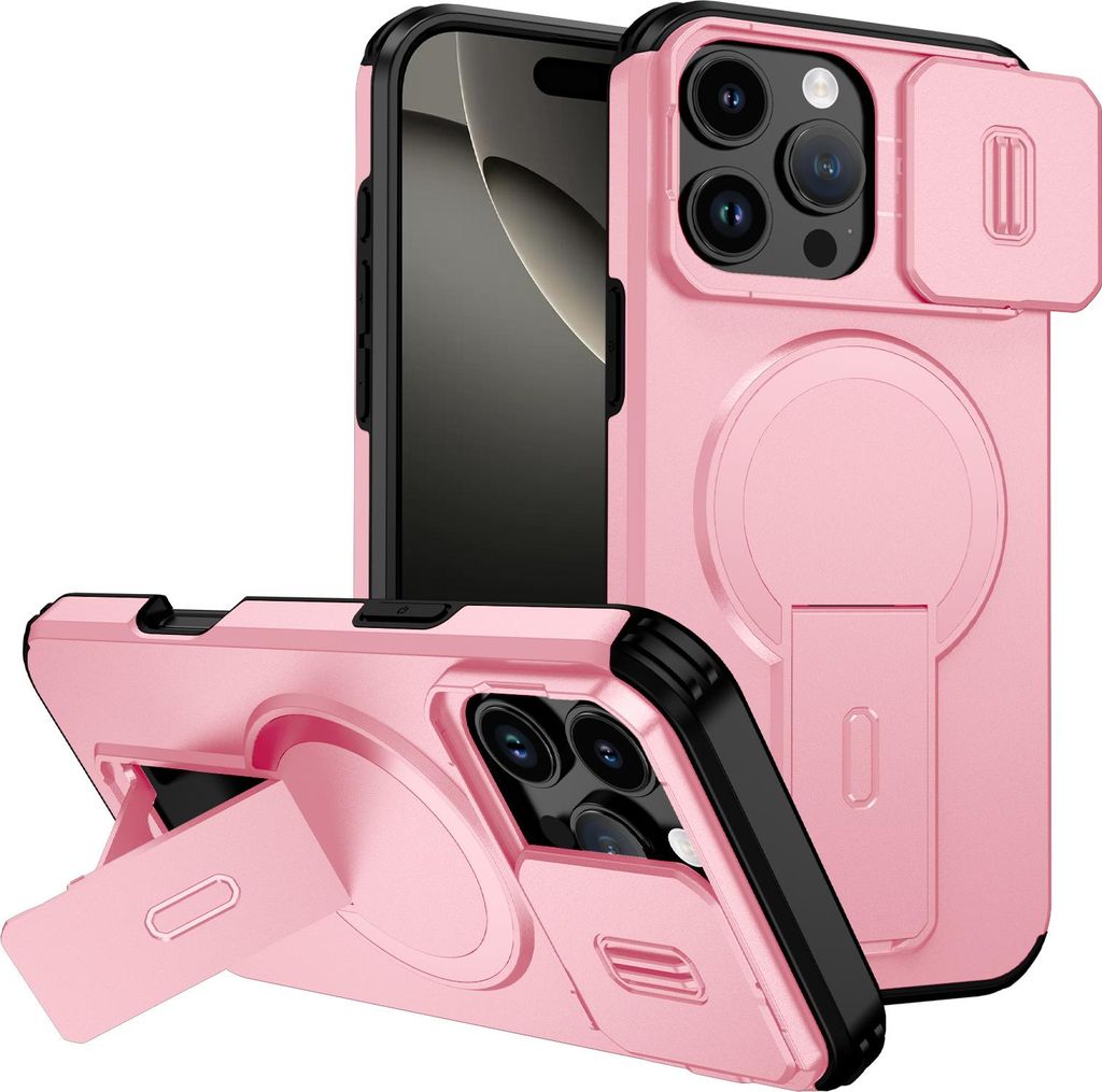 Magnetisch Hülle für iPhone 16 Pro Max, Dual Layer Stoßfest Handyhülle mit Dia Kameraschutz, Verstellbarem Ständer Pink