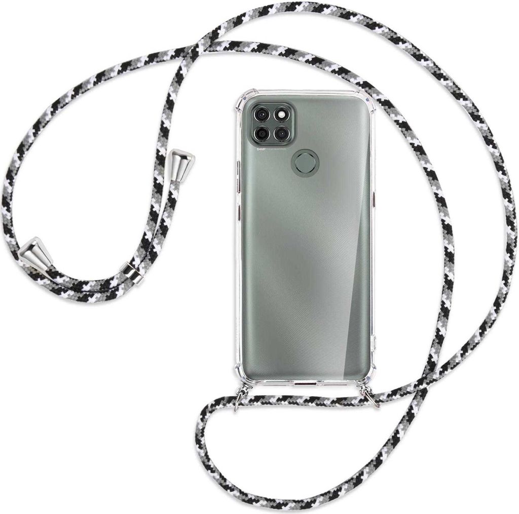 Handykette Backcover-Schutzhülle mit Band (Metall silberfarben) für Motorola Moto G9 Power - schwarz/grau/weiß