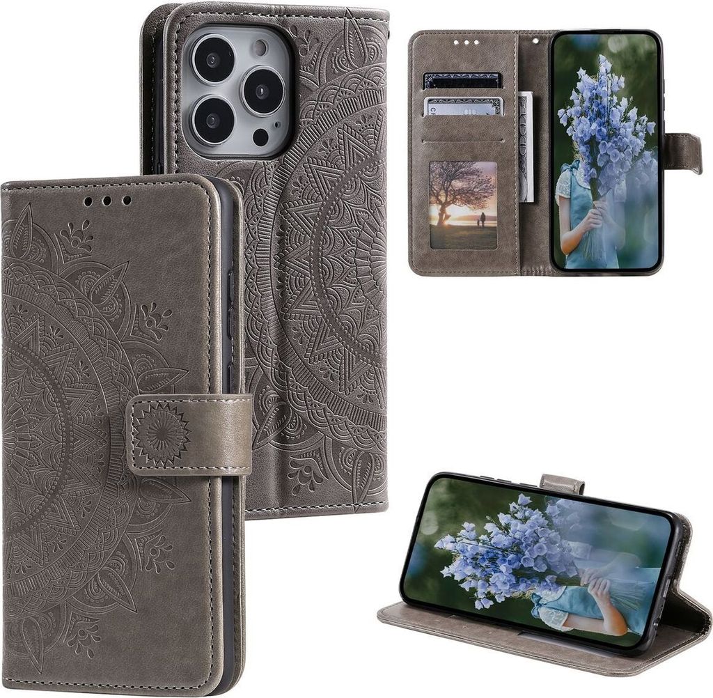 König Design Hülle kompatibel mit Apple iPhone 15 Pro Kunstleder Handyhülle - Handy Case Grau